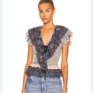 Ulla Johnson Blue and Cream Ruffled Blouse
